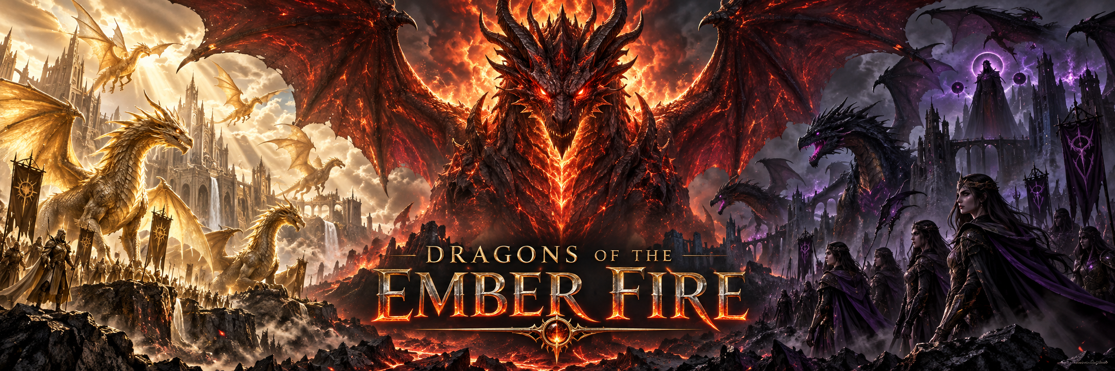 Golden dragons face shadow dragons and corrupted maidens as the red dragon god Ember rises between them